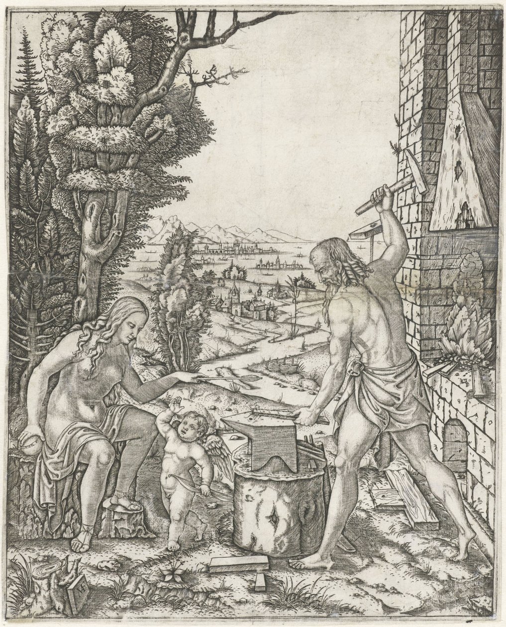 Vulkan schmiedet Pfeile und Flügel für Amor in Anwesenheit von Venus von Marcantonio Raimondi