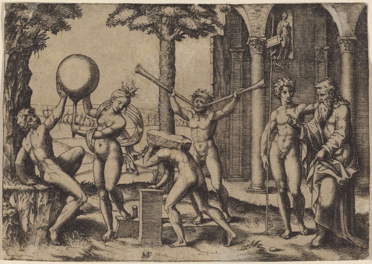 Der Mann mit zwei Trompeten von Marcantonio Raimondi after Baccio Bandinelli