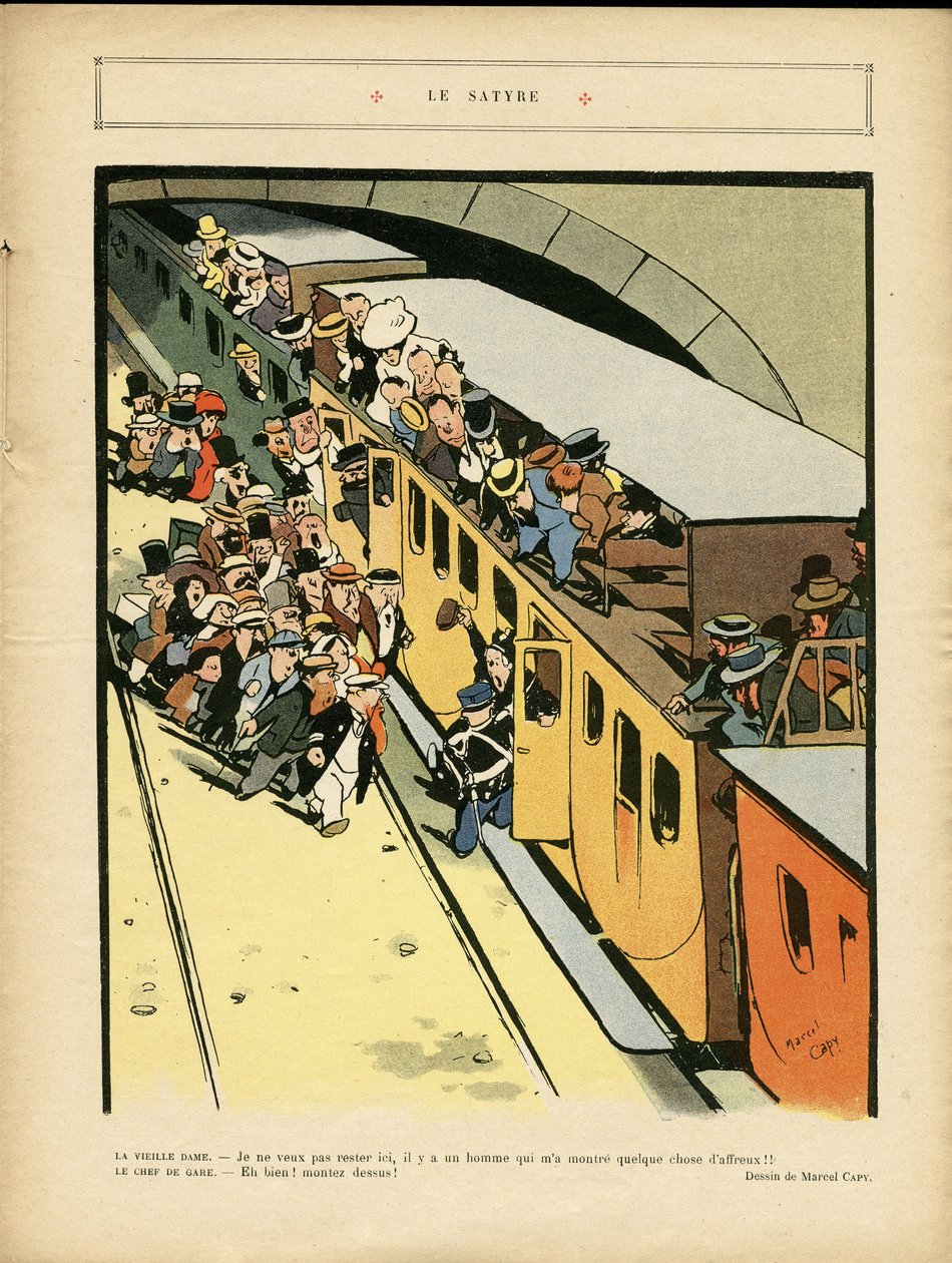 Illustration von Marcel Capy (1865-1941) in Le Rire, 03/09/10 - Der Satyr - Architektur Stadtplanung, Zug Eisenbahn, Brücke von Marcel Amable O.L. Capy