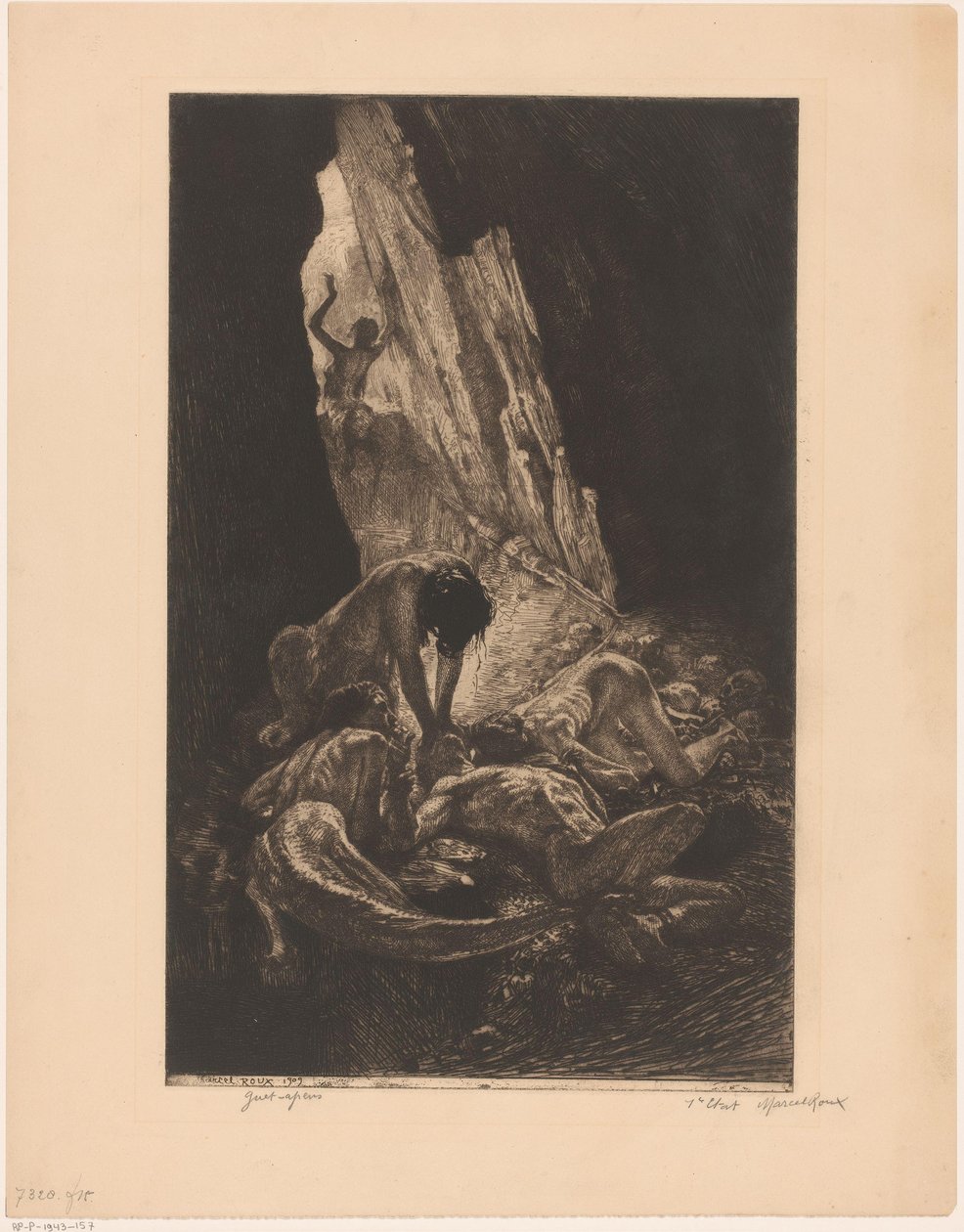 Innenraum einer dunklen Höhle mit Wesen, die einen nackten Mann verzehren von Marcel Roux (signed by artist)
