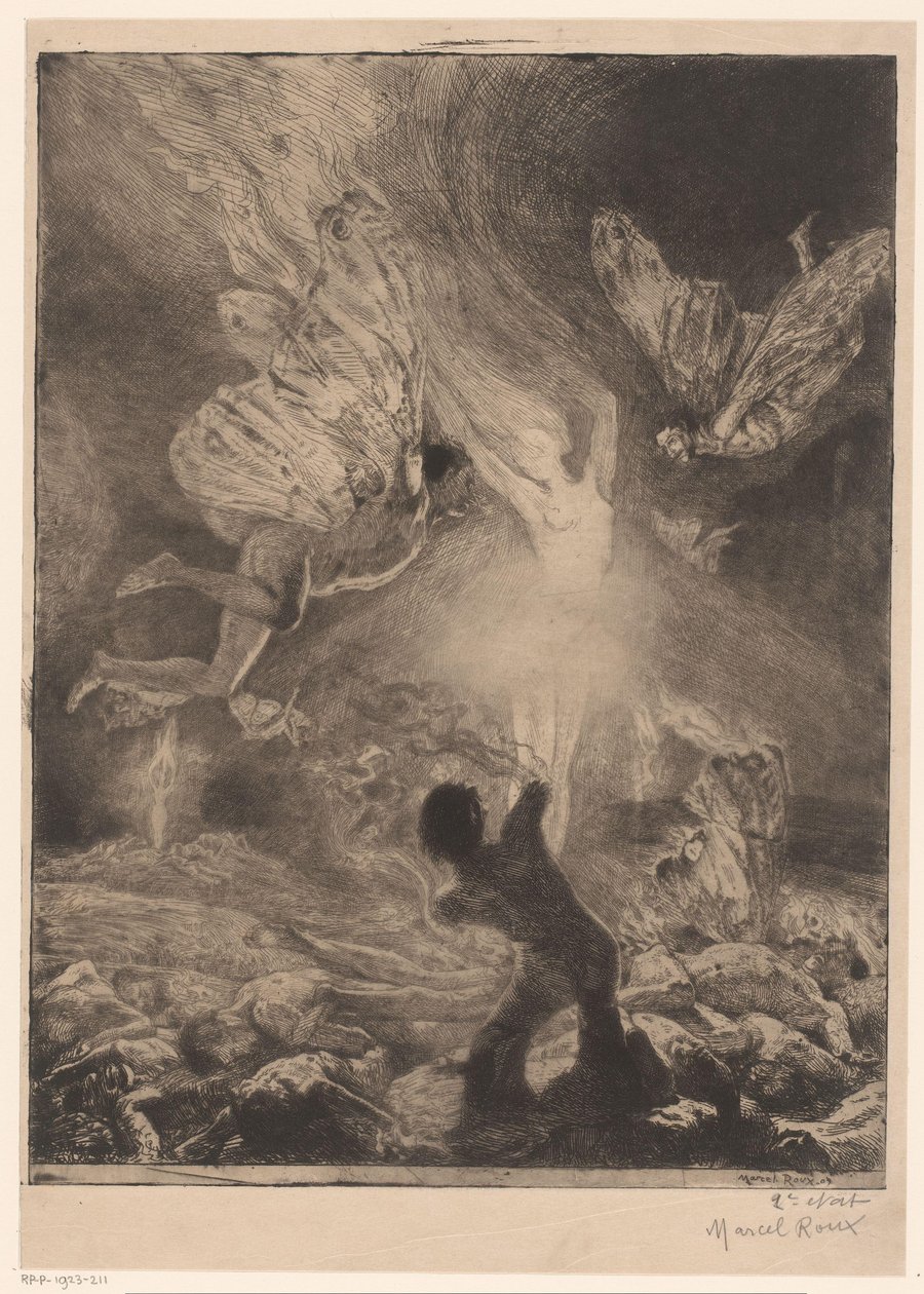 Flamme in Form einer Frau, umgeben von Männern mit Flügeln, die sich verbrennen und abstürzen von Marcel Roux (signed by artist)