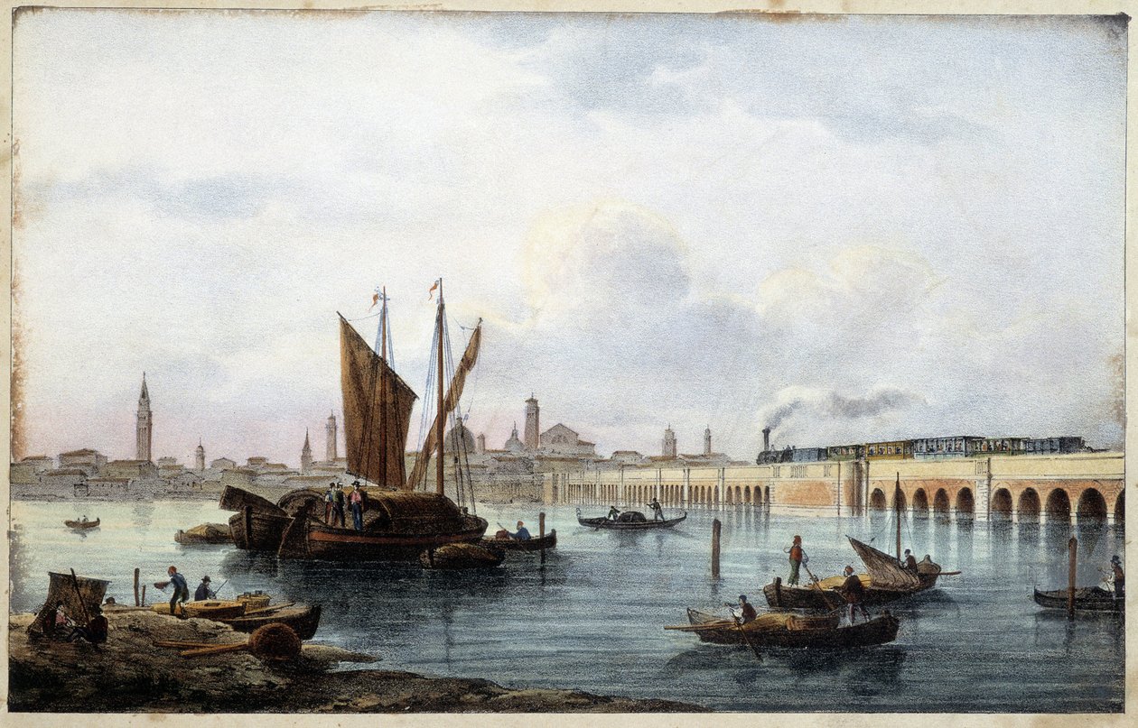 Die Brücke über die Lagune im „Album der Hauptansichten von Venedig“, gezeichnet von Marco Moro, ed. Gio Brizeghel, ca. 1840 von Marco (after) Moro