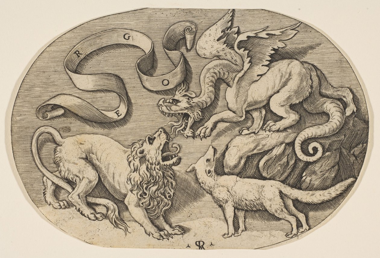 Ein Löwe, Drache und Fuchs kämpfen miteinander, eine beschriftete Banderole darüber, ein ovales von Marco Dente