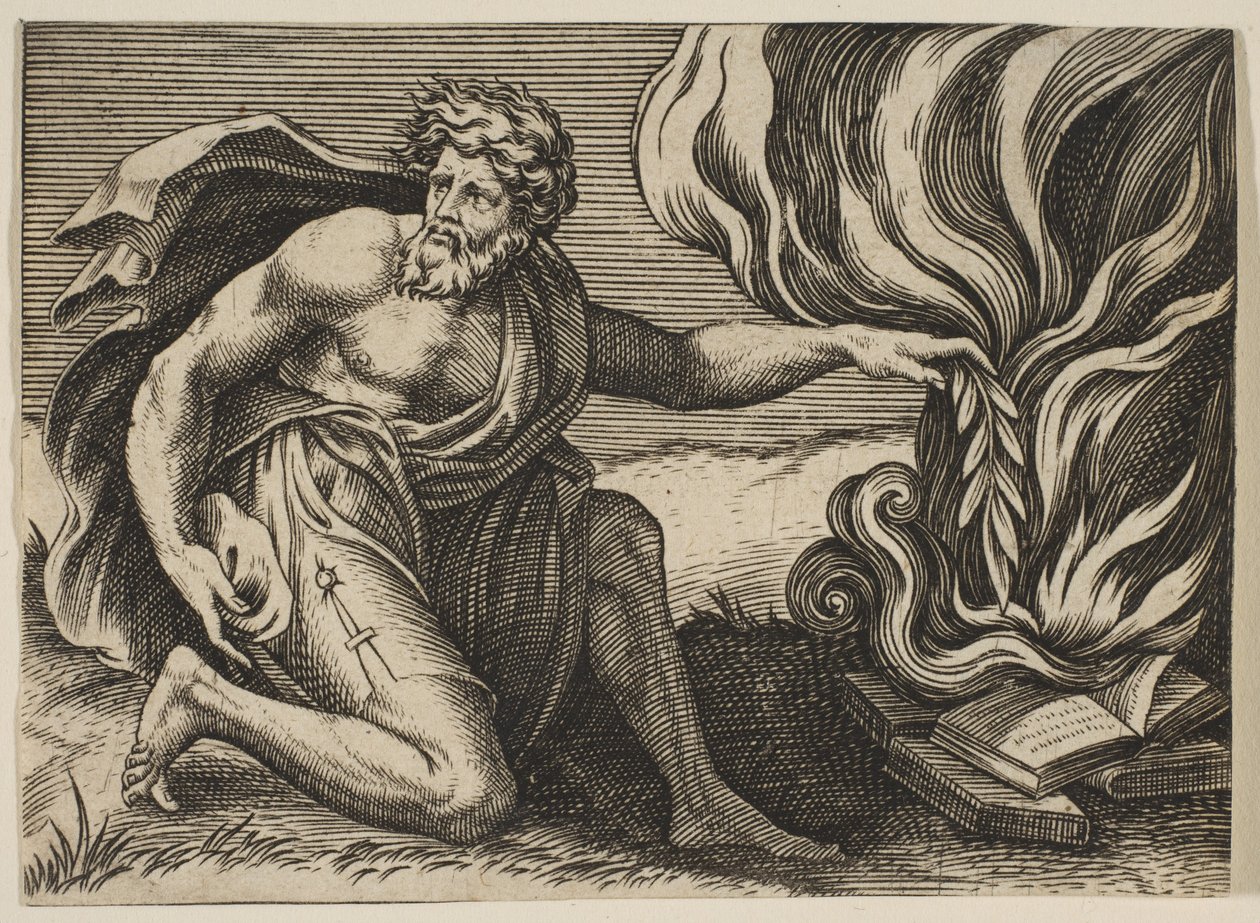 Ein Mann kniet und legt einen Lorbeerzweig auf einen Haufen brennender Bücher, ca. 1515-27 von Marco Dente