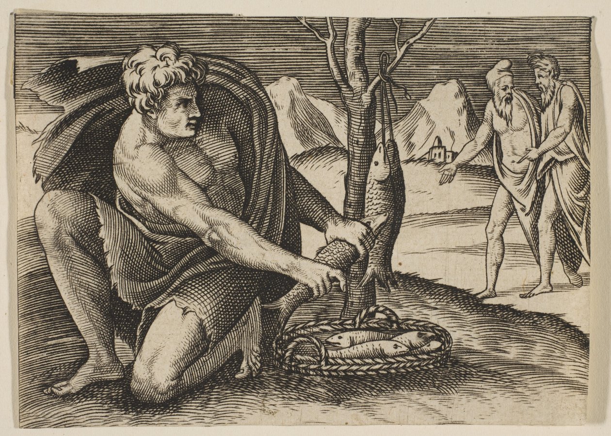 Ein Mann kniet neben einem Korb mit Fischen und nimmt einen mit beiden Händen, zwei Männer bei..., ca. 1515-27 von Marco Dente