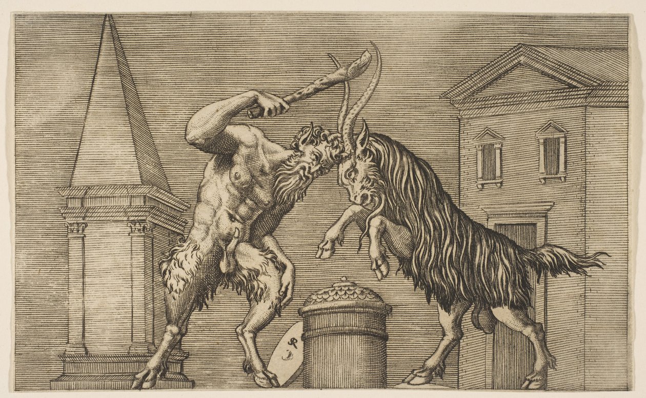 Ein Satyr und ein Widder greifen sich gegenseitig an, der Satyr schwingt einen Knüppel mit seiner rechten Hand, ca. 1515-27 von Marco Dente