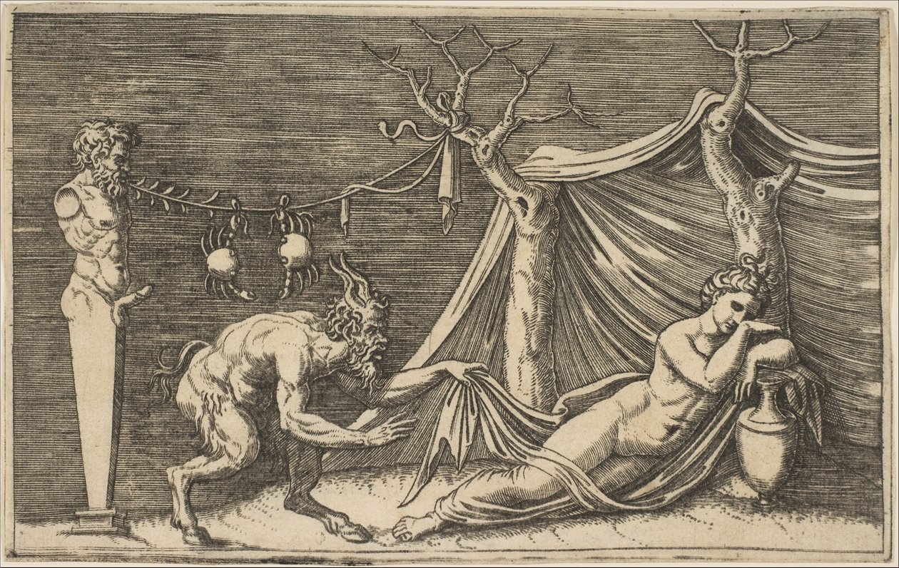 Ein Satyr entdeckt eine schlafende Frau, zwei Krebse hängen an einem Seil, das gespannt ist..., ca. 1515-27 von Marco Dente