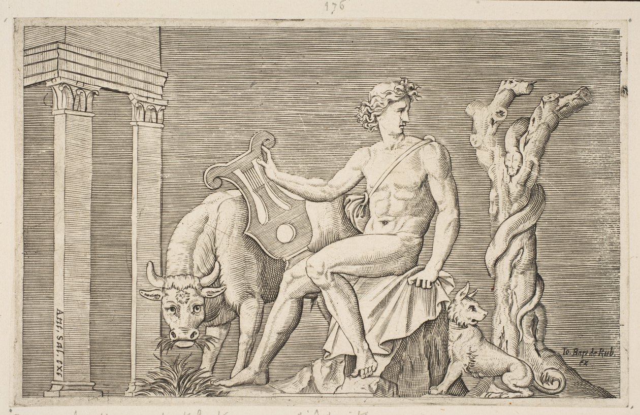 Apollo hütet die Herden des Admetus, Apollo sitzend mit einer Lyra von Marco Dente