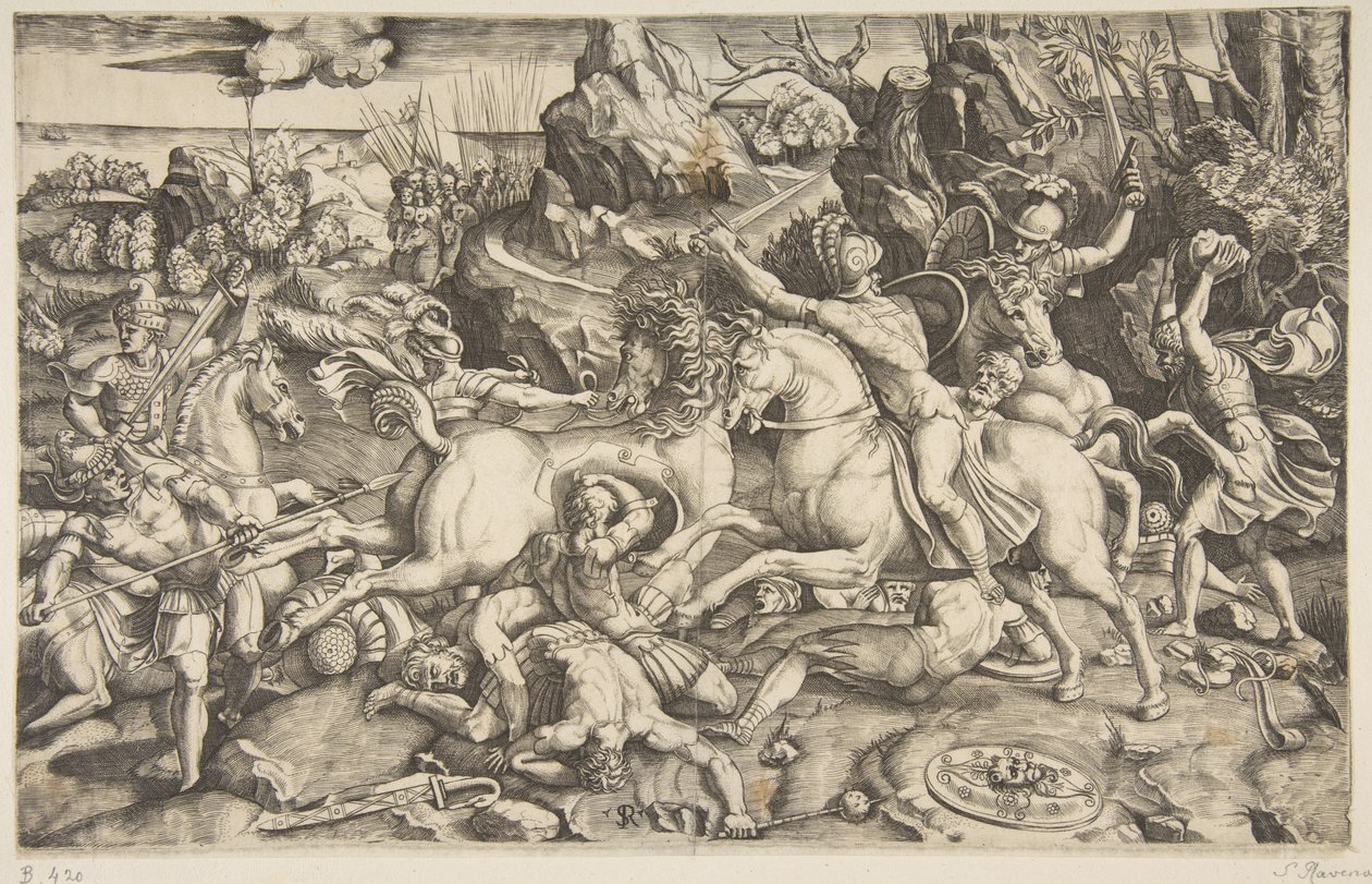 Kampfszene in einer Landschaft mit Soldaten zu Pferd und mehreren gefallenen Männern, ein weiterer..., ca. 1520 von Marco Dente