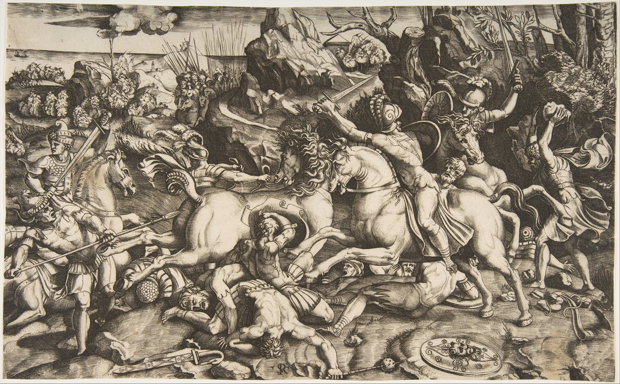 Kampfszene in einer Landschaft mit Soldaten zu Pferd und mehreren gefallenen Männern, ca. 1520 von Marco Dente