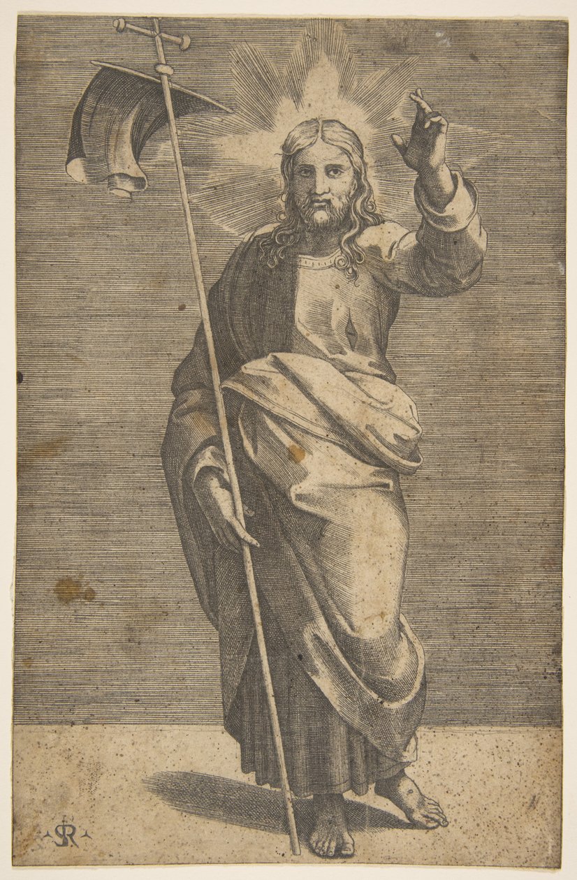 Christus steht nach vorne gerichtet, hält ein Kreuz mit einem Banner und erhebt seine linke Hand von Marco Dente