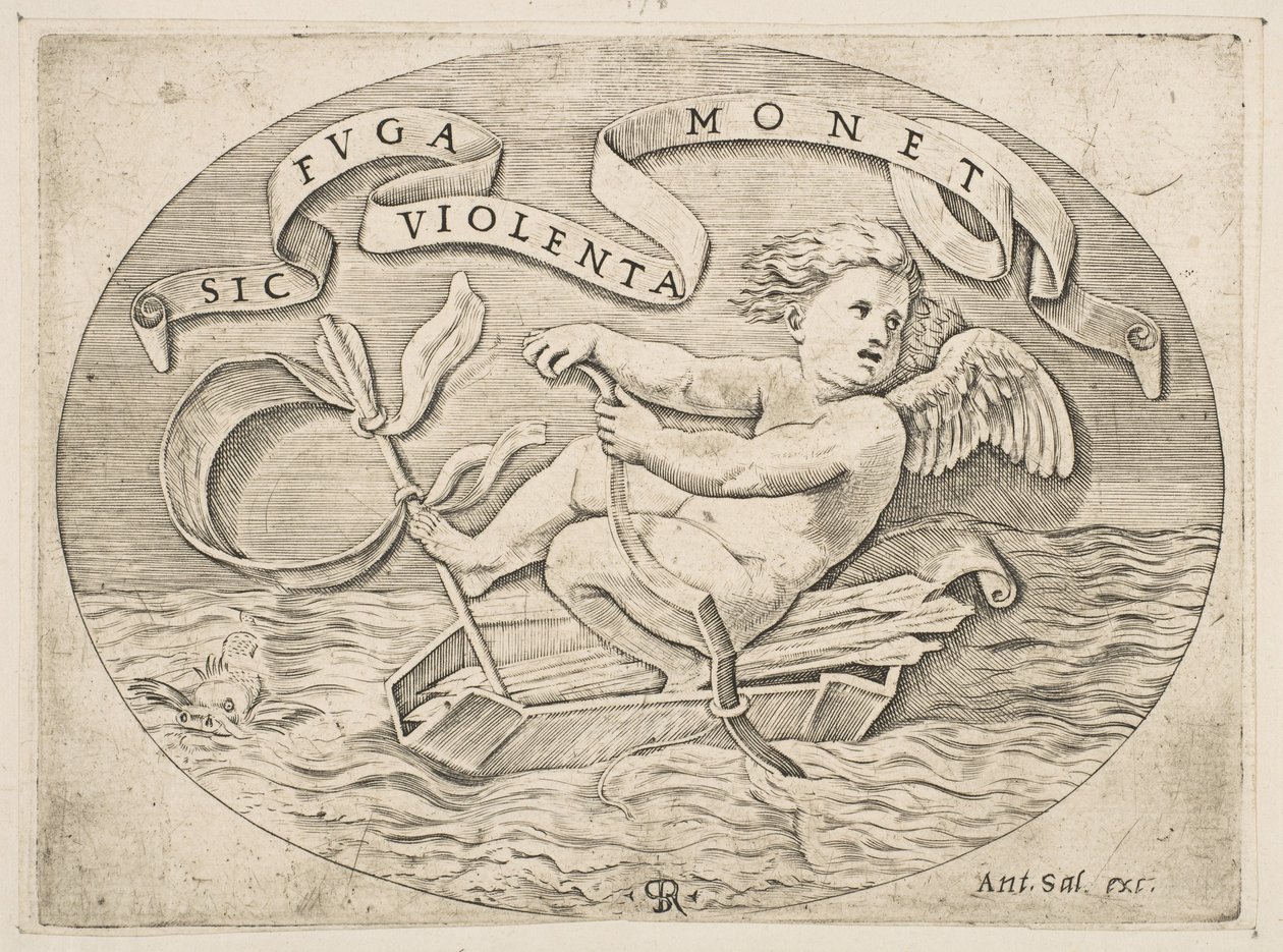 Eros flieht über das Meer, Amor benutzt seinen Bogen, um ein Boot aus seinem Köcher anzutreiben, ca. 1515-27 von Marco Dente