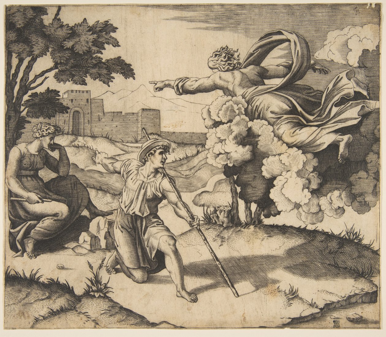 Gott erscheint Isaak, Gott schwebt in den Wolken und zeigt auf Rebekka, die unter..., ca. 1515-27 von Marco Dente