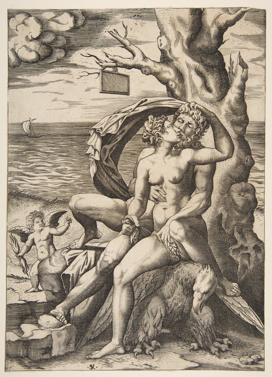 Jupiter und Semele umarmend, ein Adler unter ihnen, ein Baum rechts von Marco Dente