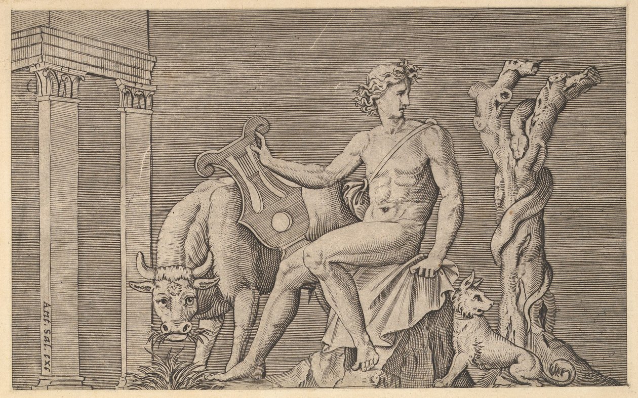 Speculum Romanae Magnificentiae: Apollo hütet die Herden des Admetus, 16. Jahrhundert von Marco Dente
