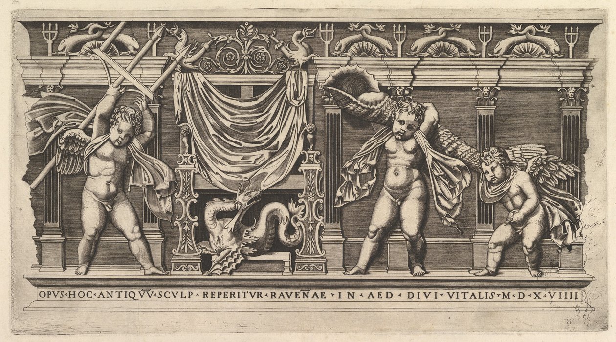 Speculum Romanae Magnificentiae: Bas-Relief mit drei Cupidos, 1519 von Marco Dente