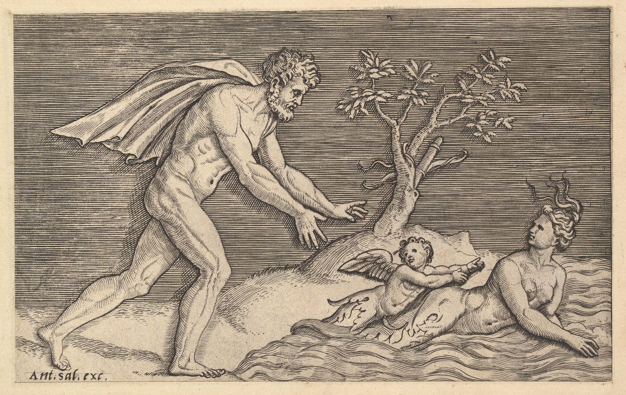Speculum Romanae Magnificentiae: Nackter Mann verfolgt eine Najade, ca. 1515-1527 von Marco Dente
