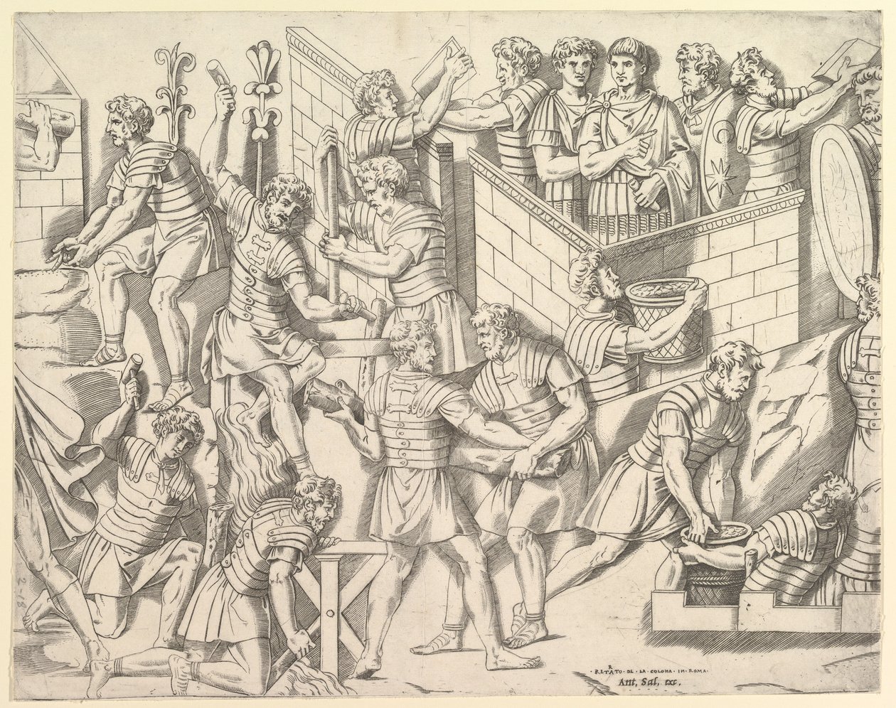 Speculum Romanae Magnificentiae: Römische Soldaten befestigen ihr Lager, aus Trajan..., 16. Jahrhundert von Marco Dente