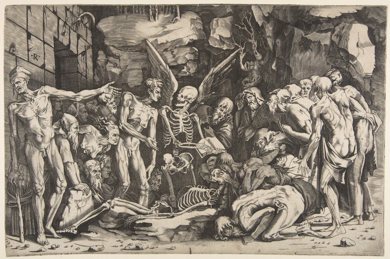 Die Skelette, eine Gruppe abgemagerter Männer und Frauen versammelt um ein Skelett..., 1515-27 von Marco Dente