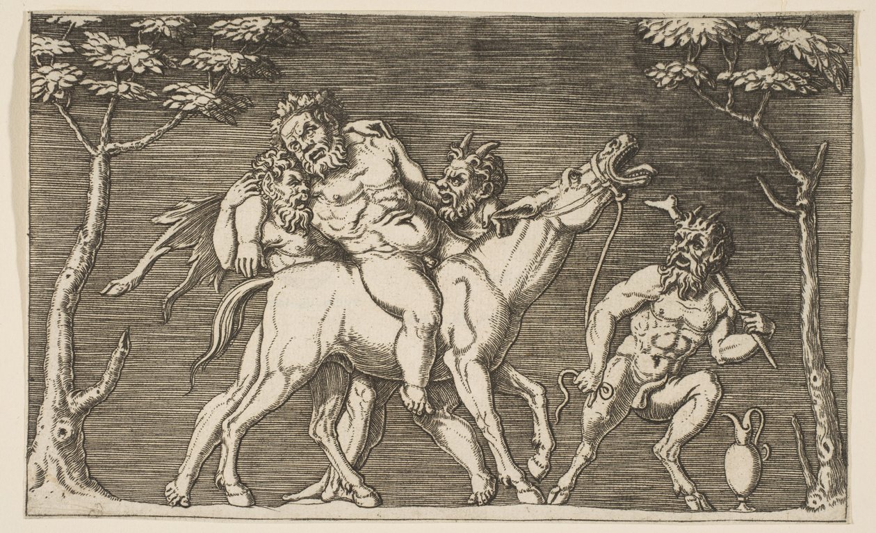Zwei Satyrn setzen Silenus auf ein schreiendes Maultier und ein dritter Satyr rechts, ca. 1515-27 von Marco Dente