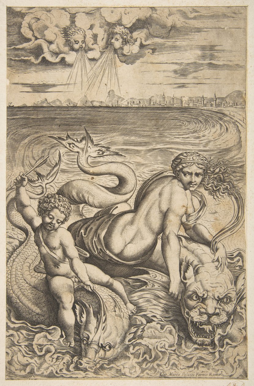 Venus und Amor reiten auf zwei Seemonstern, Amor hebt einen Pfeil in seiner rechten Hand, ca. 1515-27 von Marco Dente