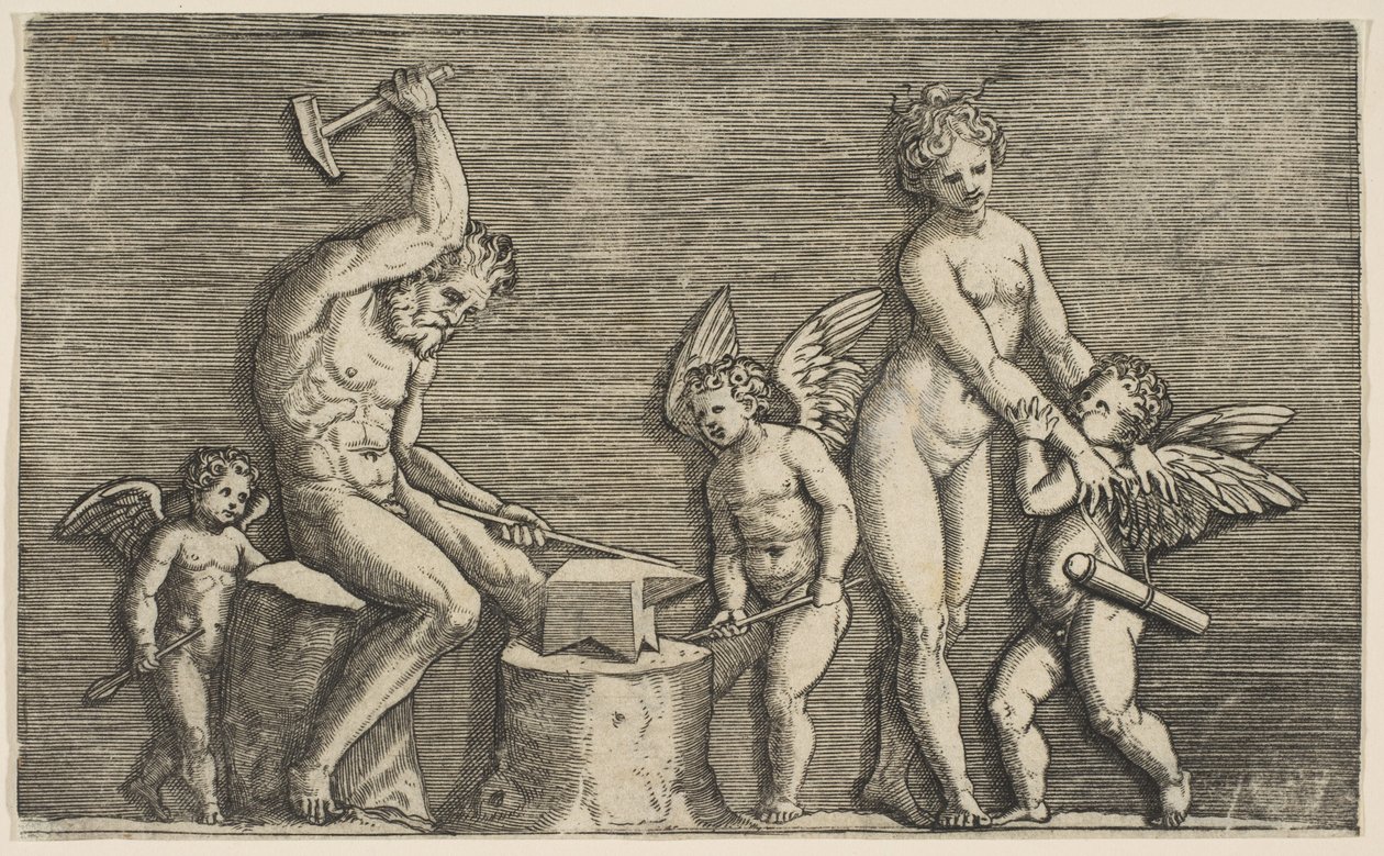 Vulkan sitzt und hämmert auf einem Amboss, flankiert von Venus und drei Cupidos, ca. 1515-27 von Marco Dente