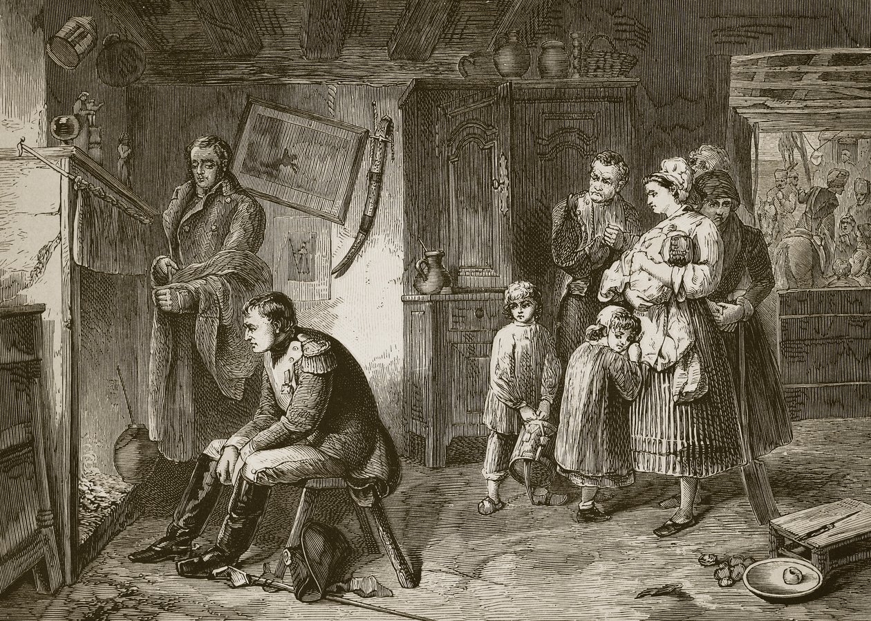 Napoleon sucht nach seiner Niederlage bei Waterloo Ruhe in einem Straßenhaus, graviert von J.D. Cooper von Marcus Stone