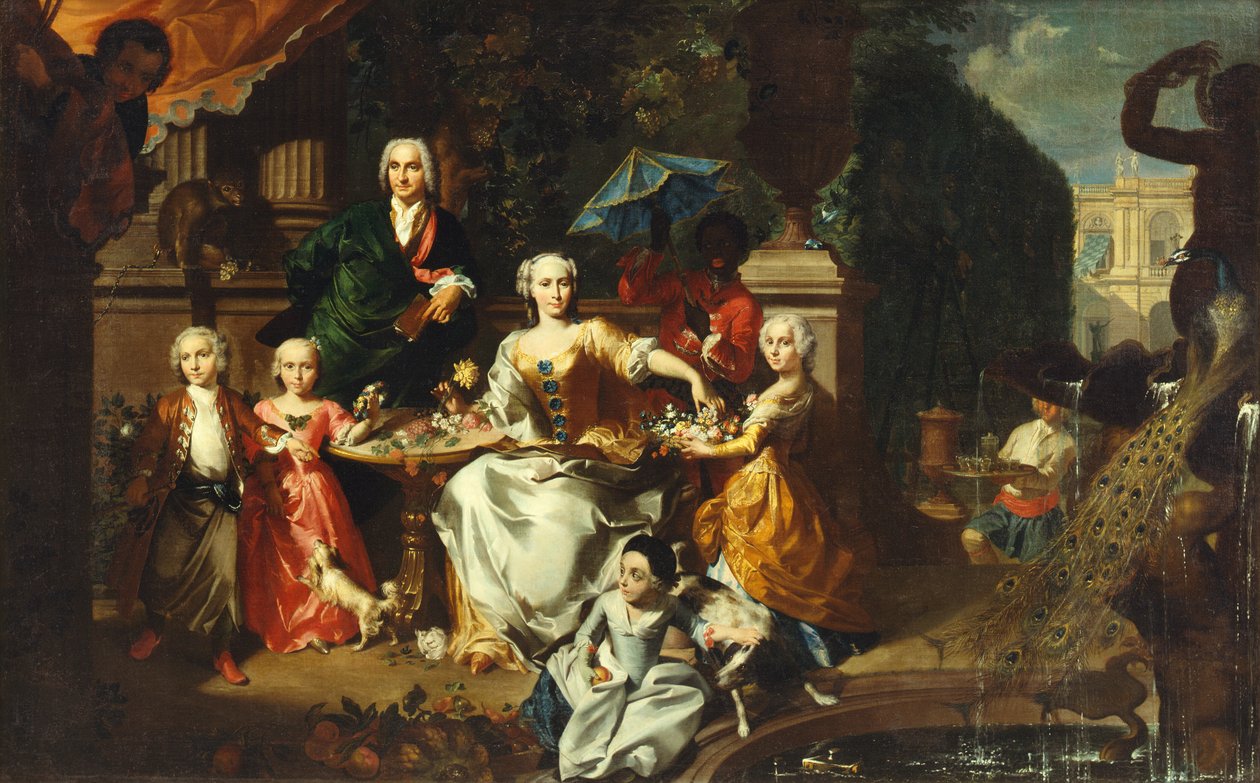 Eine Familiengruppe auf einer Terrasse im Garten einer Villa. Möglicherweise der englische Geschäftsmann George Jackson und seine Familie von Marcus Tuscher