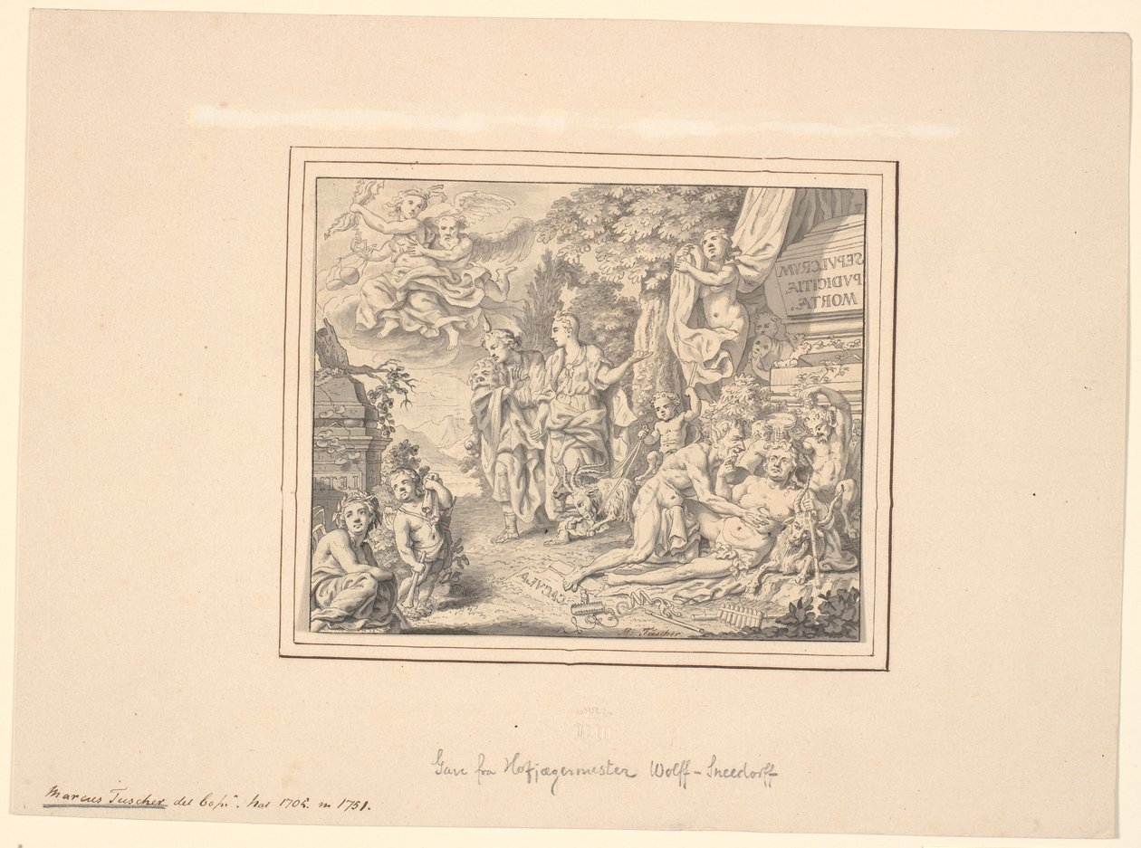 Allegorisches Blatt mit dem betrunkenen Silen und anderen mythologischen und allegorischen Figuren bei einem Sarkophag mit der Inschrift: "Sepulcrum pudicitiae mortae" von Marcus Tuscher