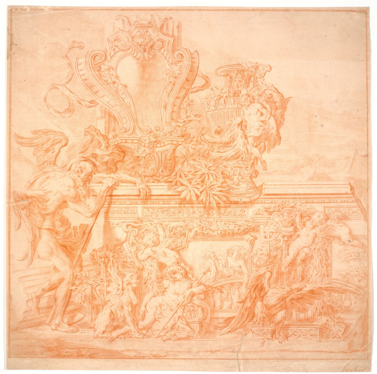 Dekorationsentwurf mit einem alten Mann, der die Zeit symbolisiert, einem Schild, einer Vase, einem Adler und mehreren allegorischen Figuren von Marcus Tuscher