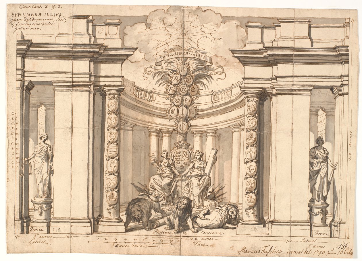 Das Innere eines Tempels mit dem dänischen Wappen und dem Stammbaum der Oldenburger Könige von Marcus Tuscher