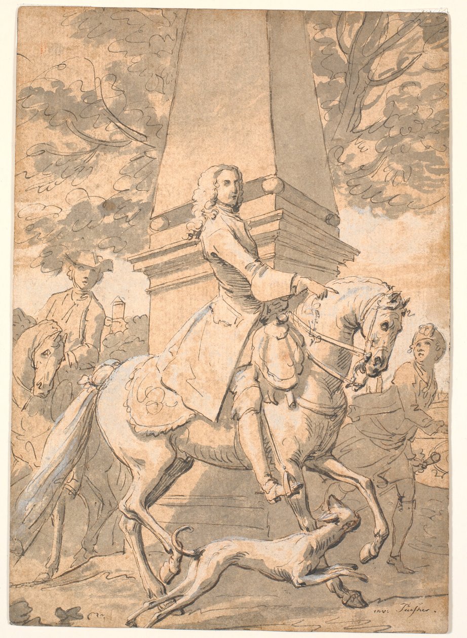 Vornehmer Herr, begleitet von Dienern, reitet an einem Denkmal vorbei von Marcus Tuscher
