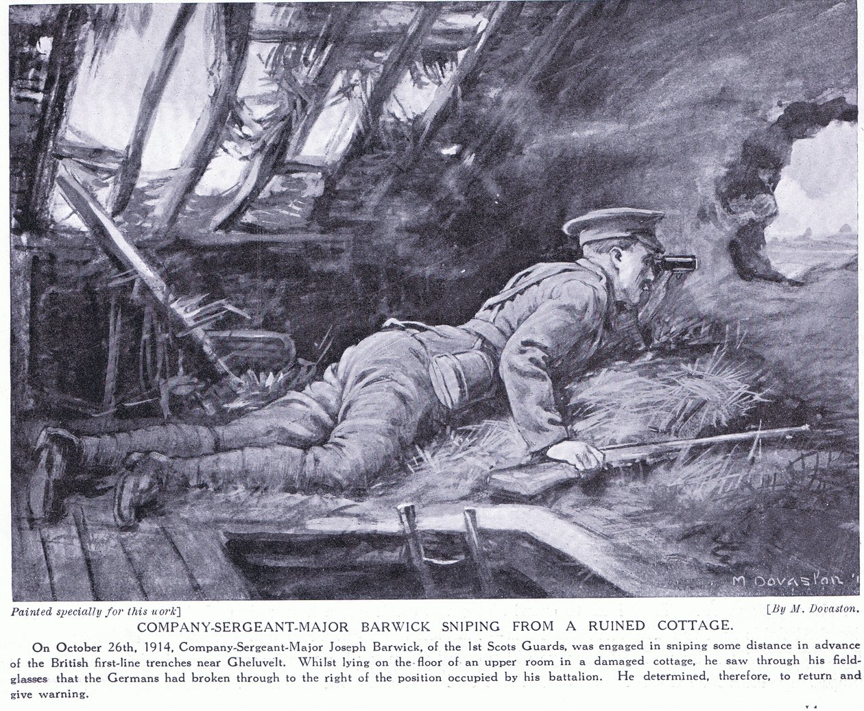 Company Sergeant Major Barwick schießt aus einer zerstörten Hütte in Ghehuvelt im Oktober 1914 von Margaret Dovaston