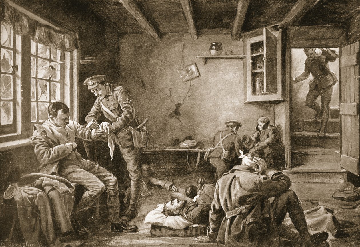 Lance-Corporal Royall kümmert sich um die Verwundeten in einem Gasthaus am Wegesrand, das unter Beschuss stand von Margaret Dovaston