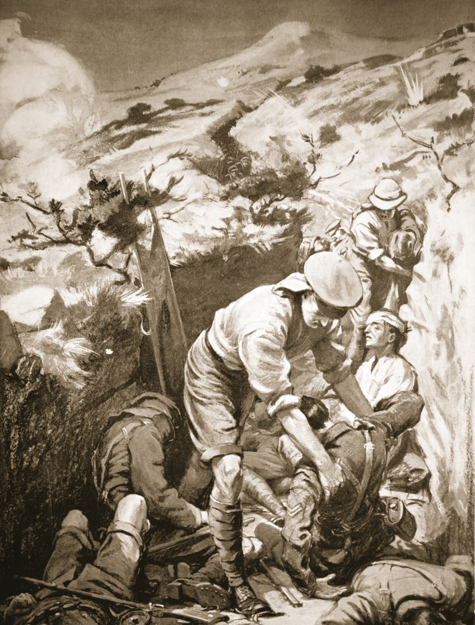 Soldaten Druall und Smith räumen die Verwundeten aus einem ungeschützten und stark beschossenen Graben weg von Margaret Dovaston
