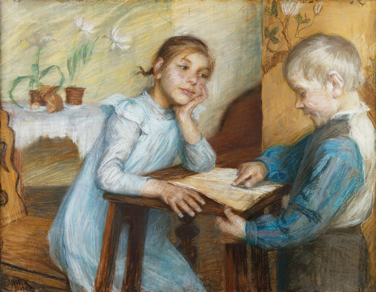 Ein Innenraum mit einem Jungen, der einem Mädchen vorliest, 1912 von Maria Wiik