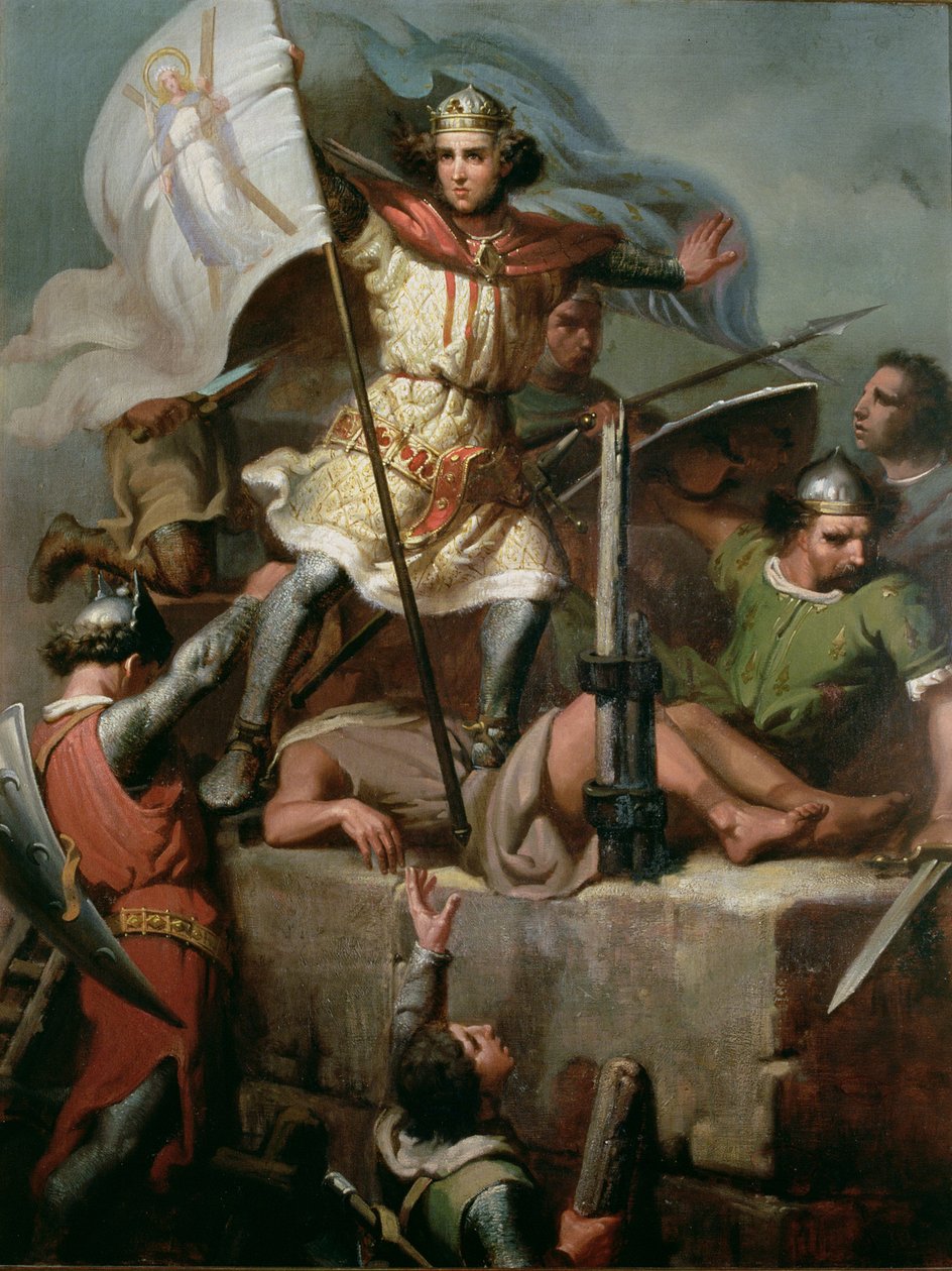 Graf Berenguer III. hisst das Banner von Barcelona auf dem Turm der Burg Foix von Mariano José María Bernardo (1838 74) Fortuny y Carbó