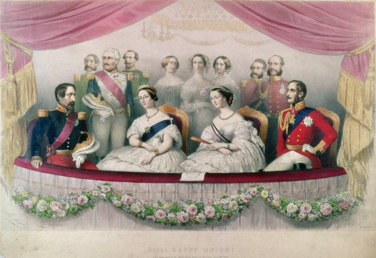 Hail Happy Union, der Staatsbesuch der Königin Victoria, Prinz Albert und des Kaisers und der Kaiserin von Frankreich an der Royal Italian Opera, 1855 von Marie Alexandre Alophe
