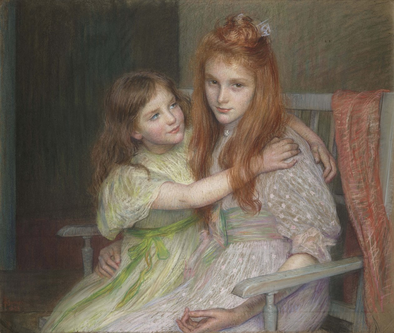 Zwei Mädchen sitzen auf einer Bank von Marie Louise Catherine Breslau