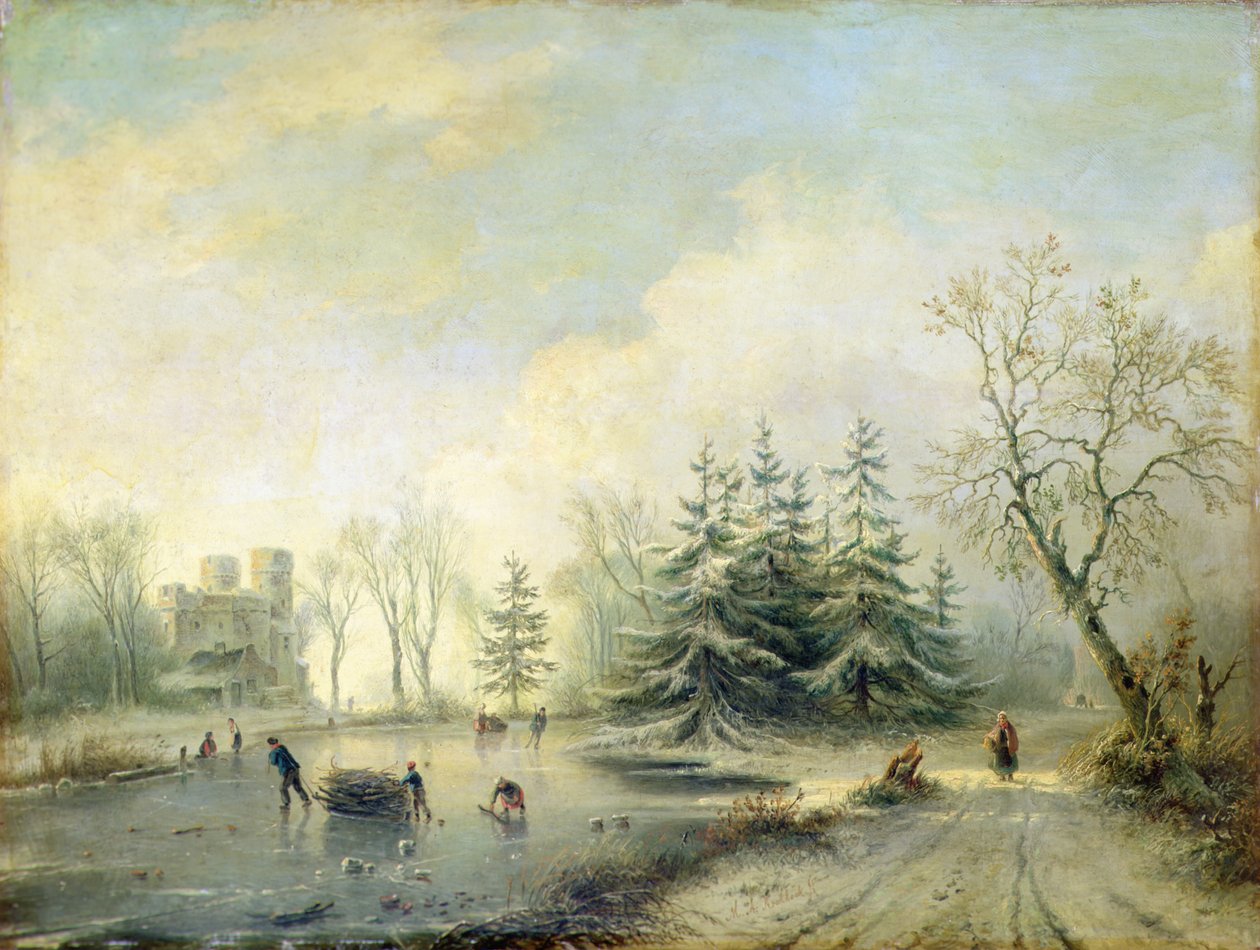 Bäume, Schloss und Schlittschuhläufer von Marinus Adrianus Koekkoek