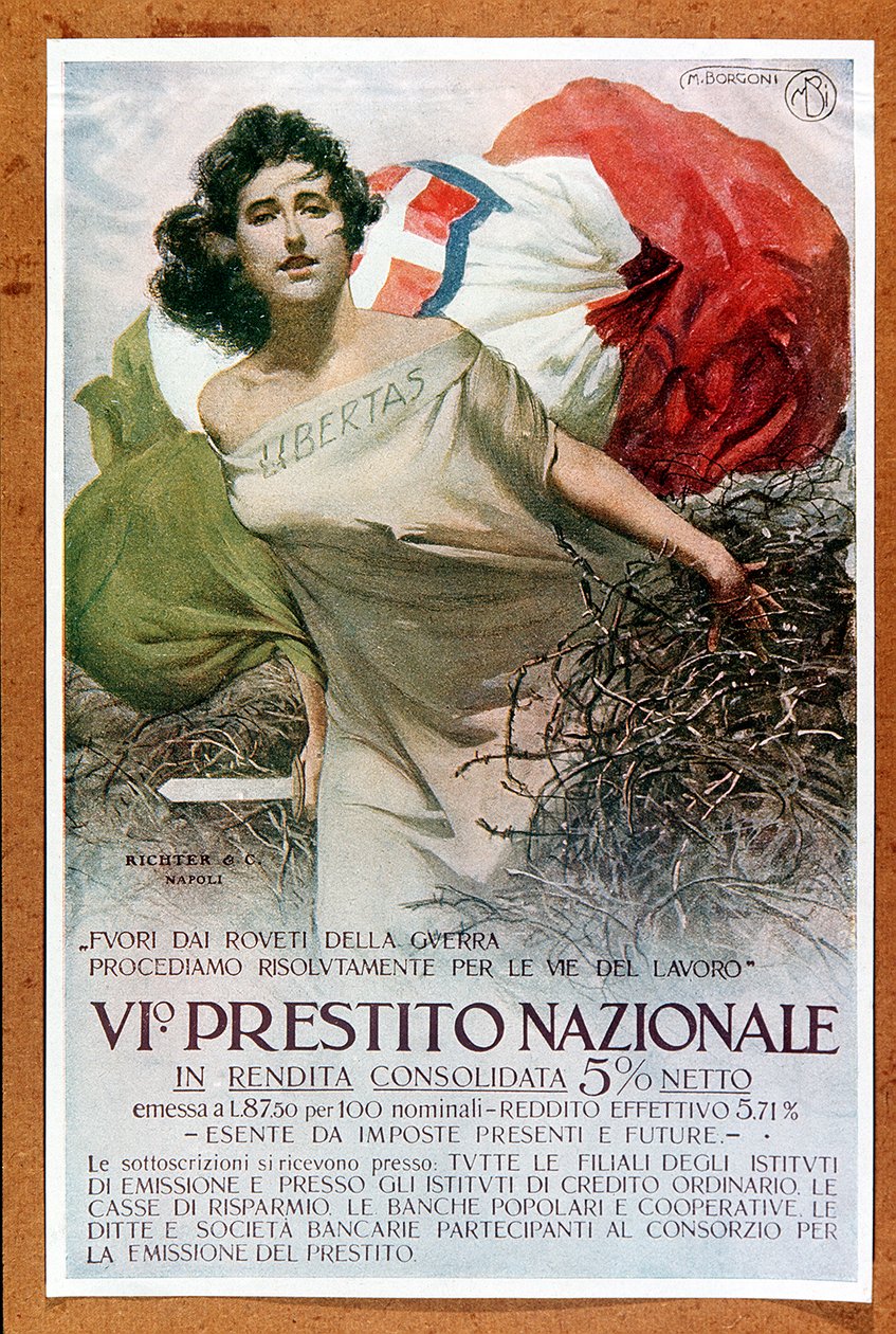 Italienische allegorische Illustration zum Nationalen Darlehen, ca. 1918 von Mario Borgoni