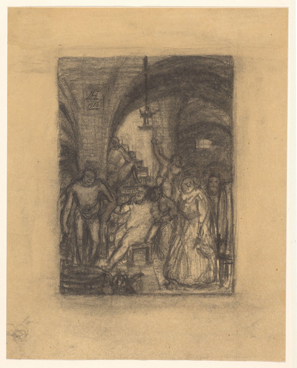 Versammlung, möglicherweise ein Bacchanal, in einem Raum mit Gewölben von Marius Holleman (signed by artist)