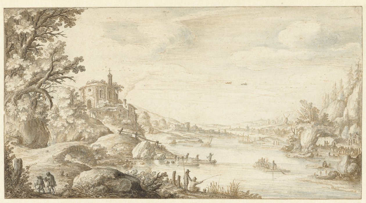 Hügelige Landschaft mit einer runden Kapelle am Ufer eines Flusses von Marten de Cock