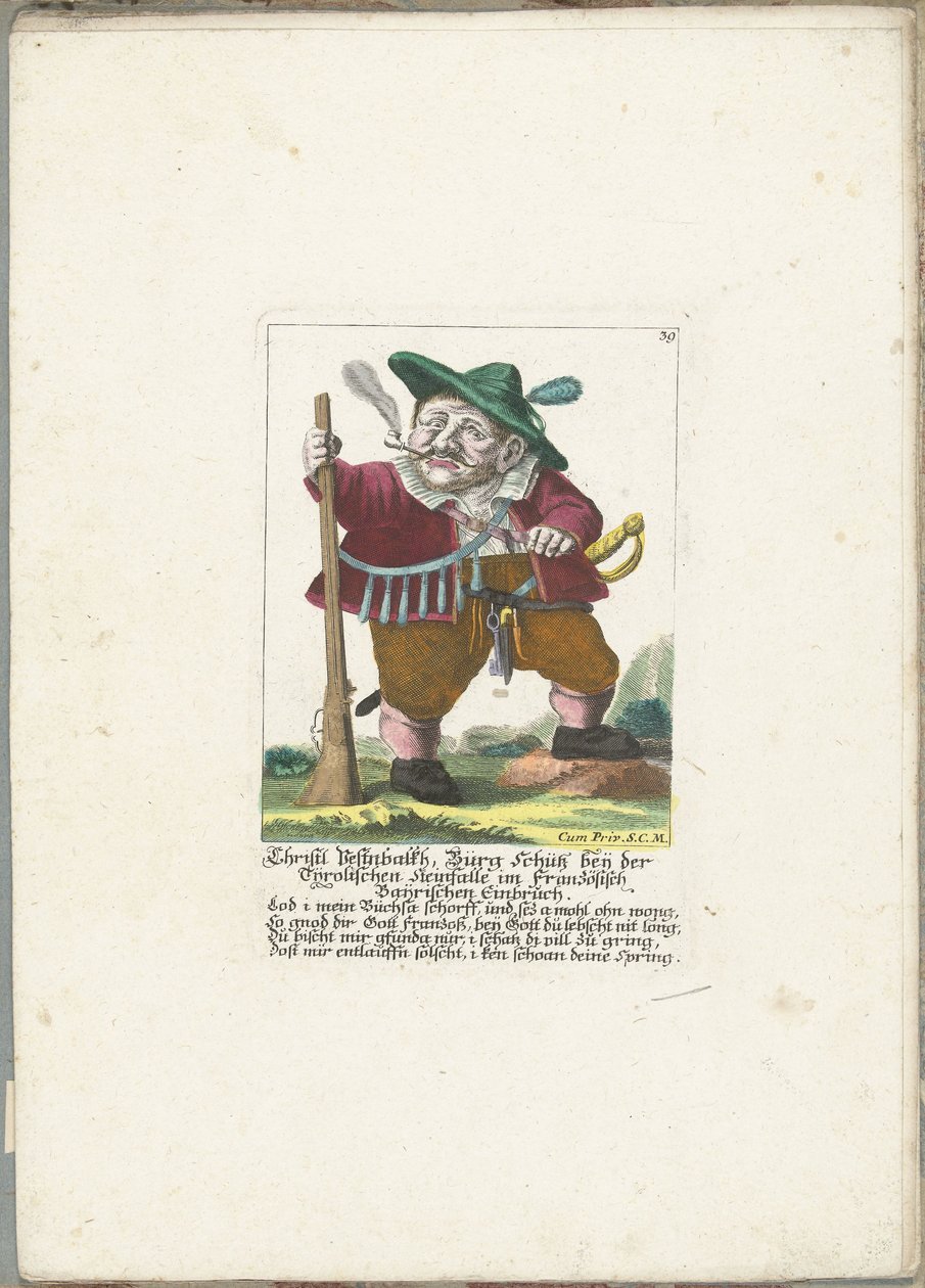Der Zwerg Christl Vestnbalkh, ca. 1710 (Christl Vestnbalkh, Bürg Schütz beij der Tijrolischen Steinfalle im Französischen Baijrischen Einbruch) (Il Callotto resurcitato oder Neu eingerichtes Zwerchen Cabinet) von Martin Engelbrecht (attributed to)