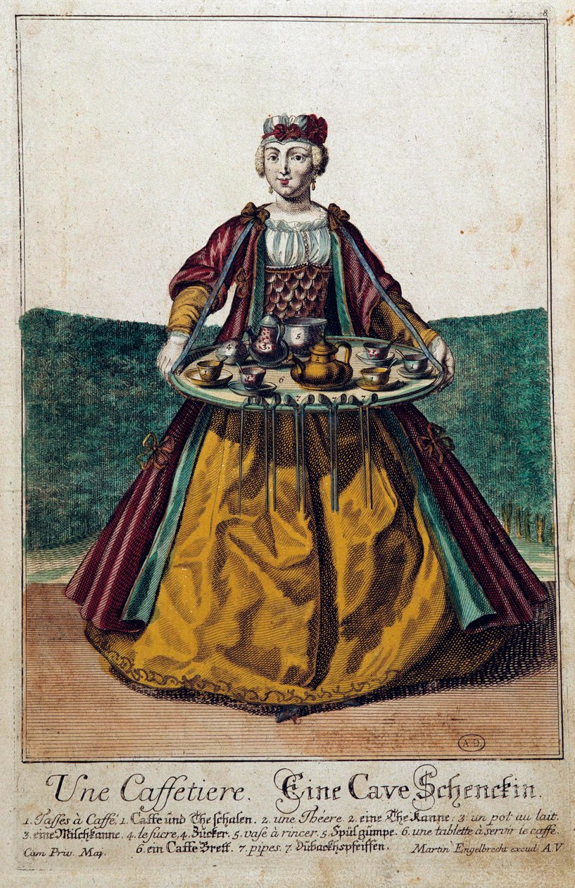 Eine Kaffeeköchin: eine junge Frau trägt ein Tablett mit einem Kaffeeservice. Gravur von Martin Engelbrecht, 18. Jahrhundert. Paris, Kunstgewerbemuseum von Martin Engelbrecht