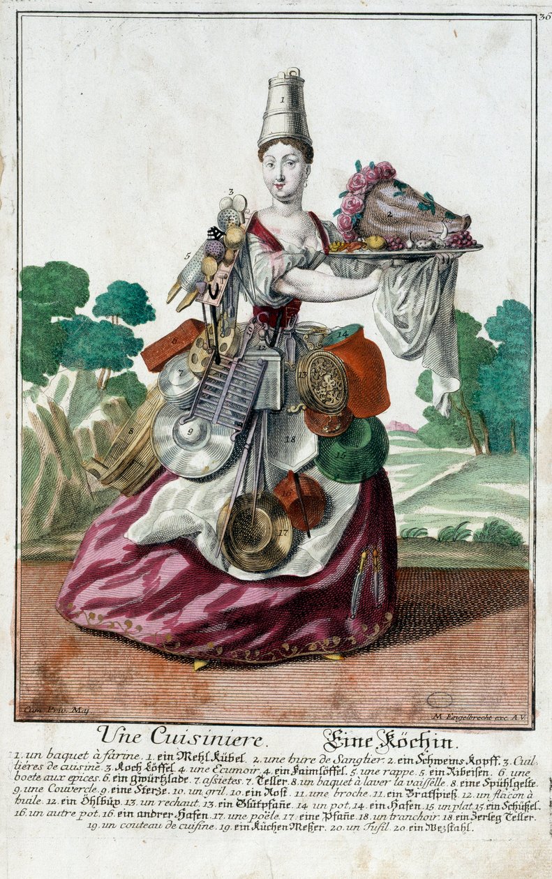 Ein Koch. Gravur von Martin Engelbrecht (1684-1756), in „Neue Versammlung der manouvries habilles“ 18. Jahrhundert, Deutschland. Paris, Decorative Arts von Martin Engelbrecht