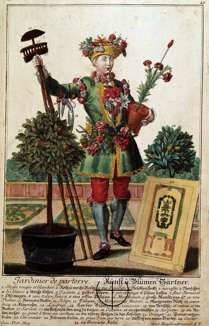 Ein Gärtner, Gravur von Martin Engelbrecht in „Neue Versammlung der manouvries habilles“ von Martin Engelbrecht