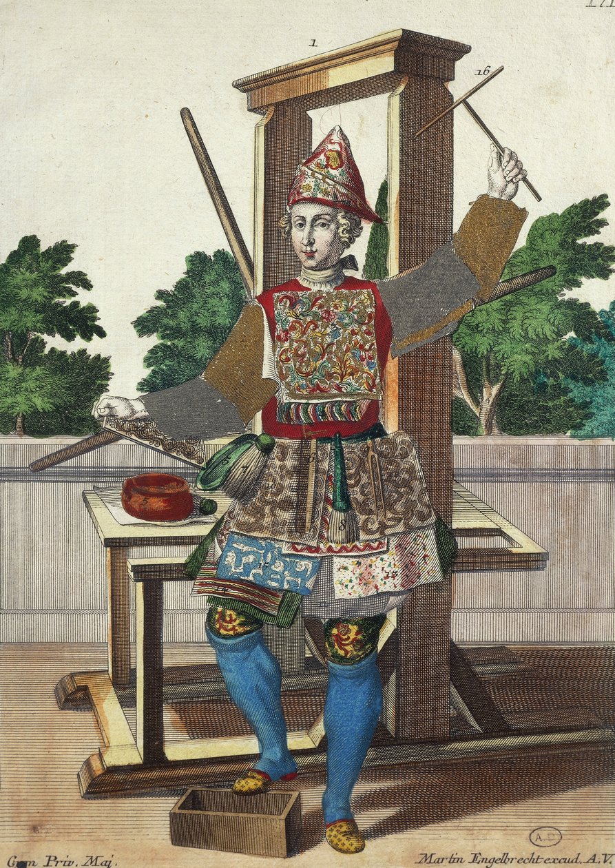 Hersteller von farbigem Papier, Gravur aus Assemblage des nouveau manouvries habilles von Martin Engelbrecht, Deutschland von Martin Engelbrecht