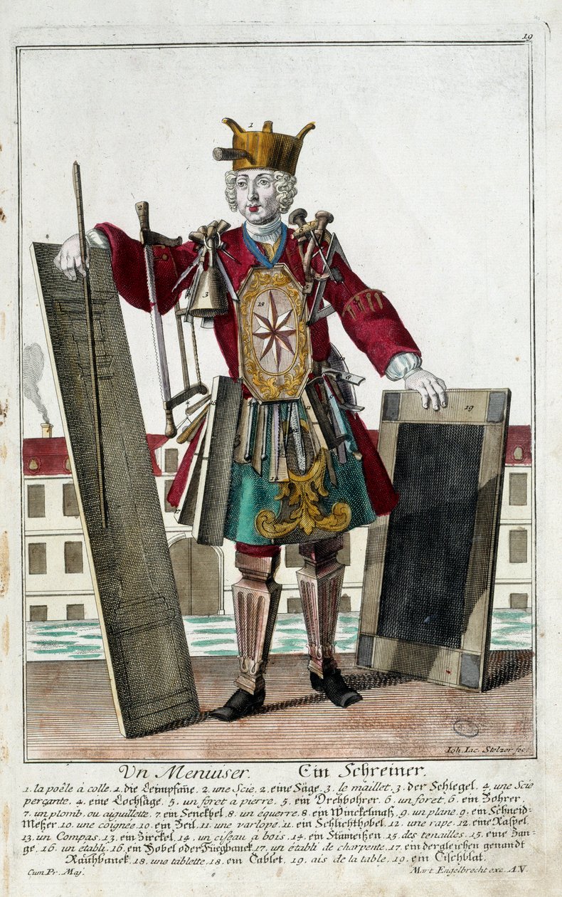 Beruf: Ein Zimmermann. Gravur von Martin Engelbrecht (1684-1756), in "Neue Versammlung der bekleideten Handwerker" 18. Jahrhundert, Deutschland. Paris, Dekorative Künste von Martin Engelbrecht