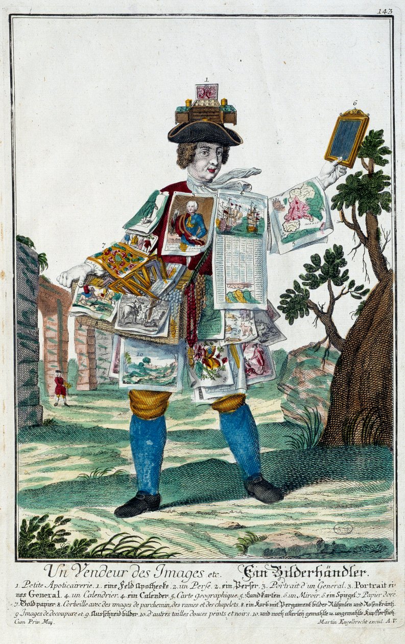 Beruf: Ein Bildverkäufer. Gravur von Martin Engelbrecht (1684-1756), in „Neue Versammlung der manouvries habilles“ 18. Jahrhundert, Deutschland. Paris, Decorative Arts von Martin Engelbrecht